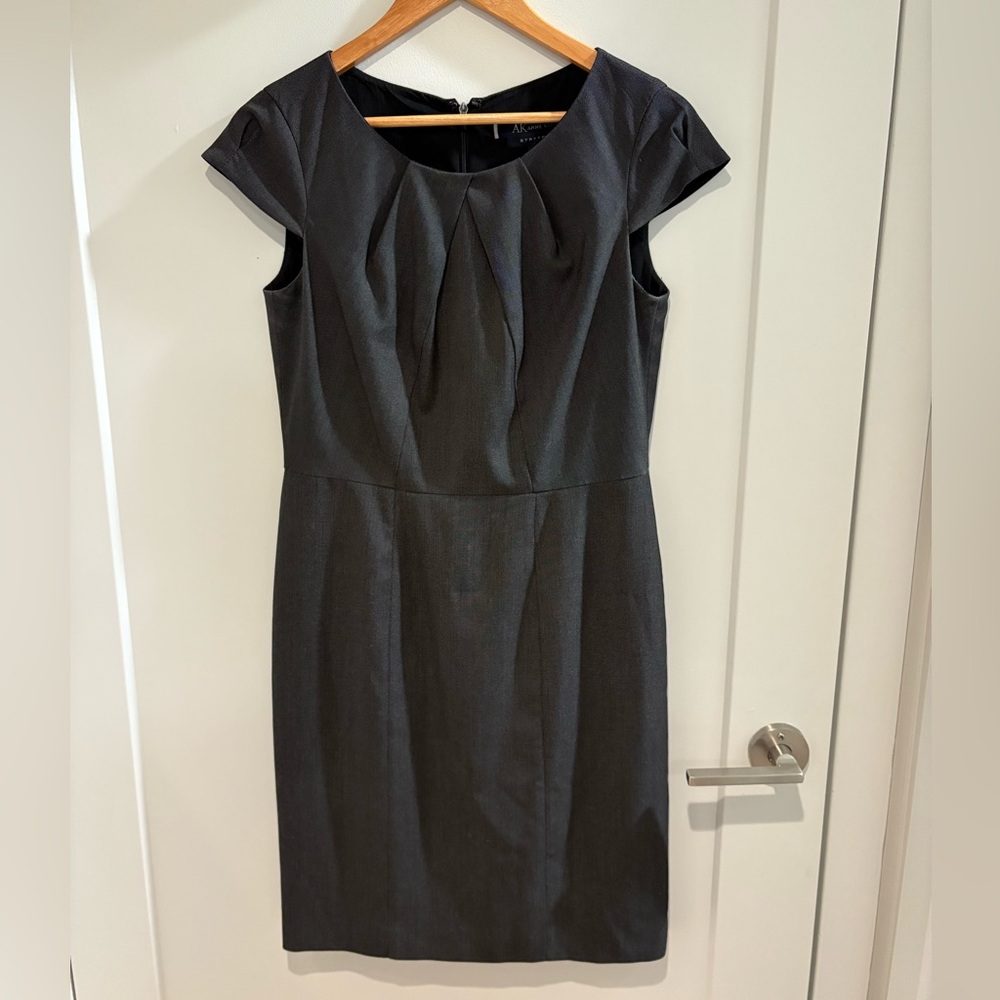 Anne Klein Stretch Capped Sleeves Charcoal Gray Midi Dress Office Business